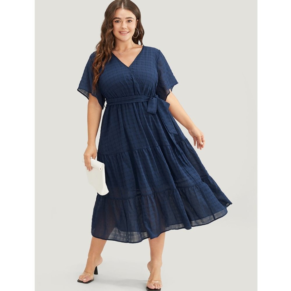 NWT BloomChic Indigo Wrap Ruffle Tiered Pocket Belted Plaid Dress Size 14-16/1X